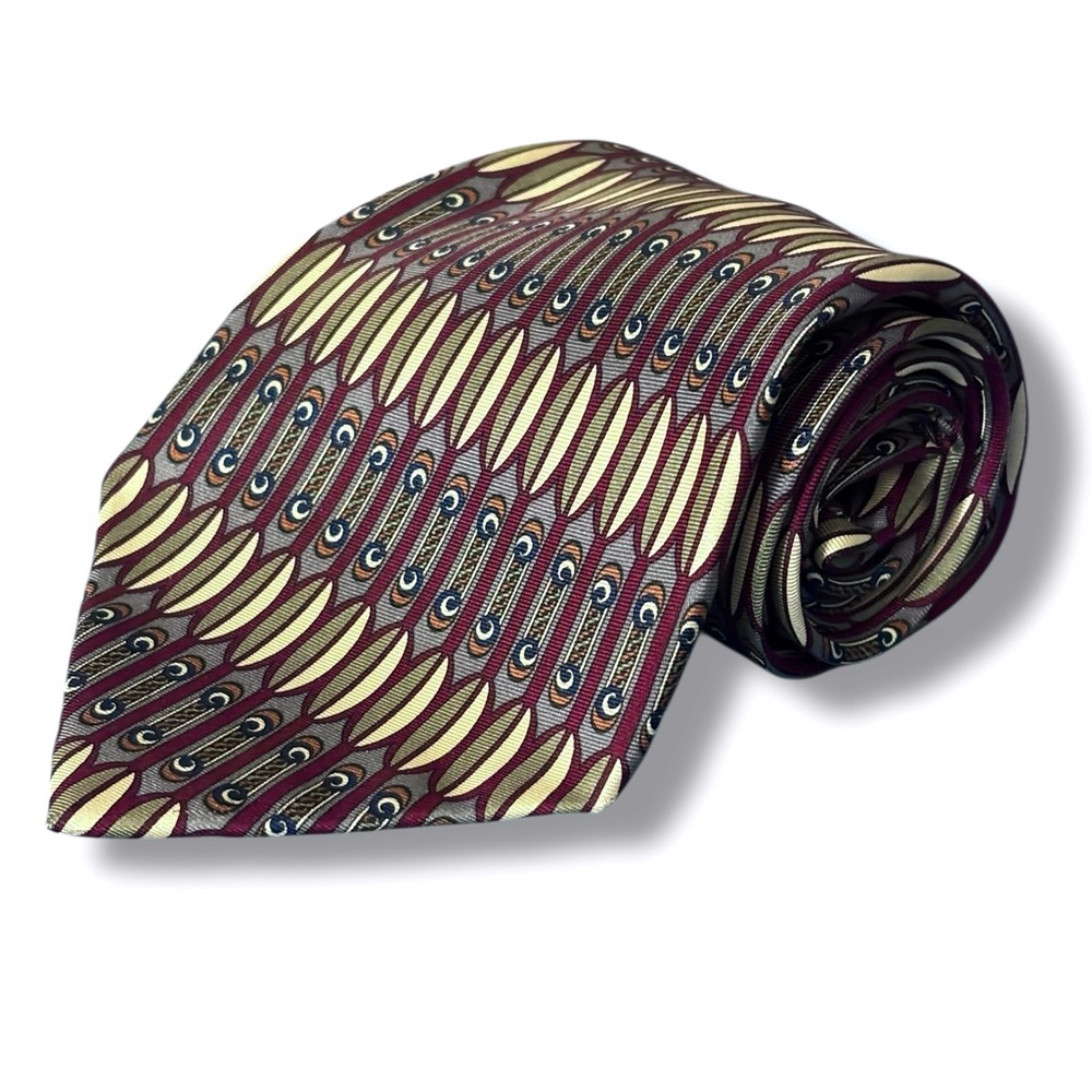 GIVENCHY MONSIEUR  Burgundy & Tan Deco Silk Print Tie VINTAGE